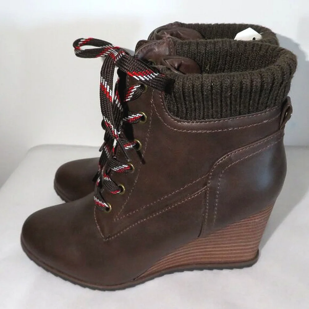 Nautica Espresso Brandt Lace-up Wedge Booties 7.5